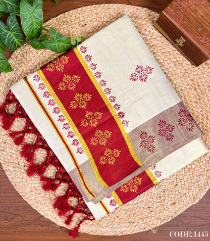 Bottle Green Kerala Vishu Sari Indian Cream Tissue Saree C9 - Col 1