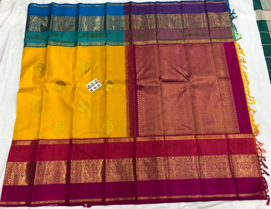 Kanchipuram Pure Silk Saree Yellow Pink Blue Kanjivaram Sari| SPK201