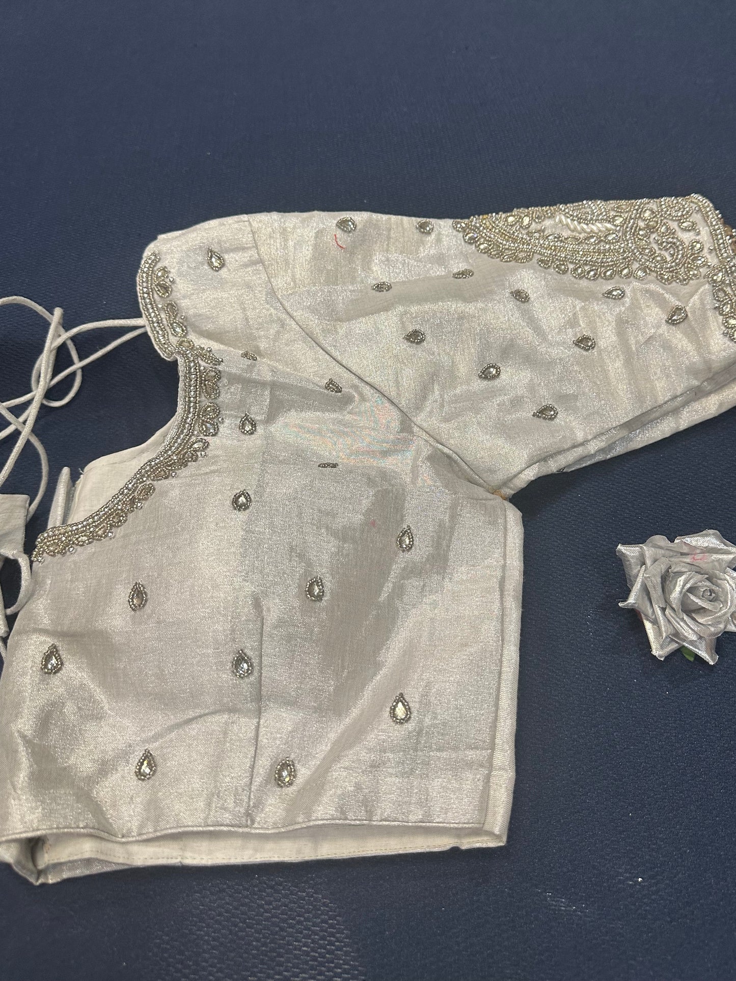 40” Aari hand Worked Sari Blouse Indian Top Choli Silk Silver B23