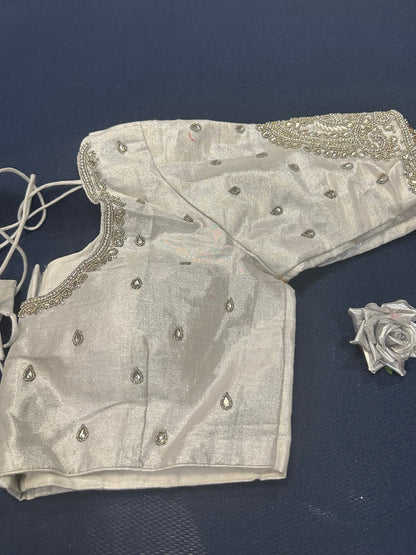 40” Aari hand Worked Sari Blouse Indian Top Choli Silk Silver B23