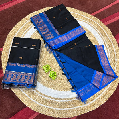 Black & Blue Kalyani Silk Cotton Sari South Indian Saree S140