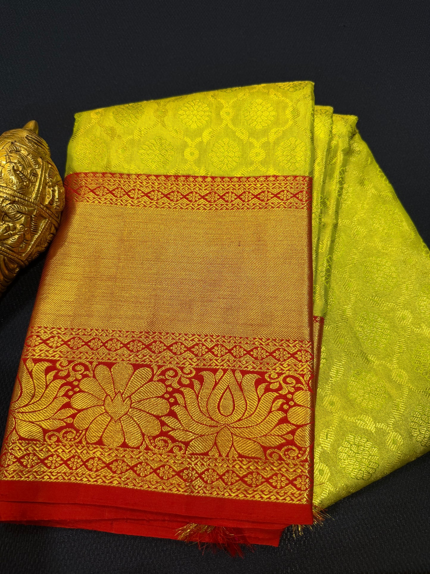 Tissue Bridal Kanchipuram Pure Silk Saree Greenish Yellow & Red Kanjivaram Sari| SPK090