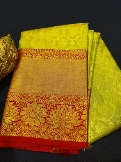 Tissue Bridal Kanchipuram Pure Silk Saree Greenish Yellow & Red Kanjivaram Sari| SPK090