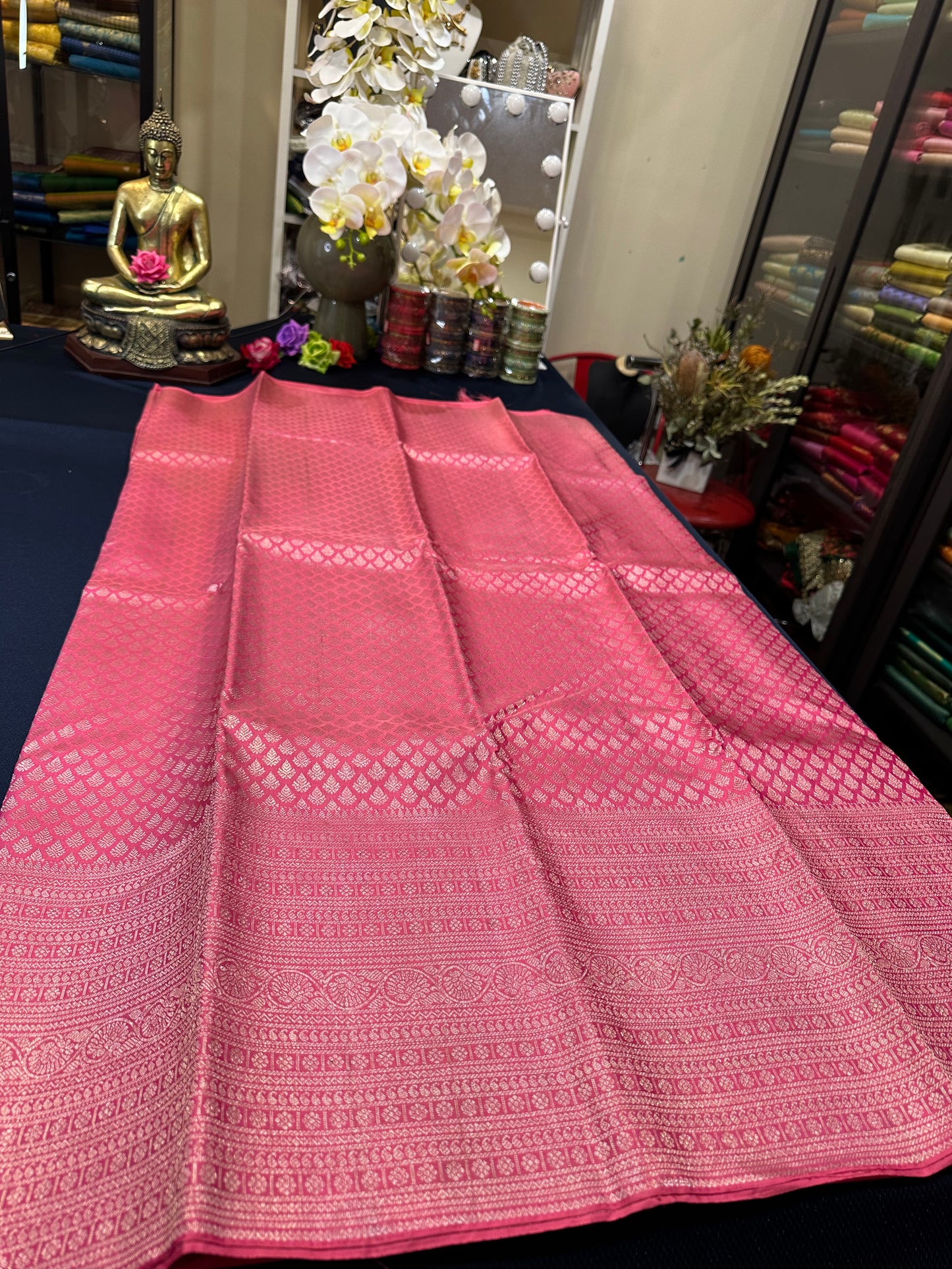 Kerala style Kanchipuram Pure Silk Pink Saree Matt Zari Kanjivaram Sari| SPK136