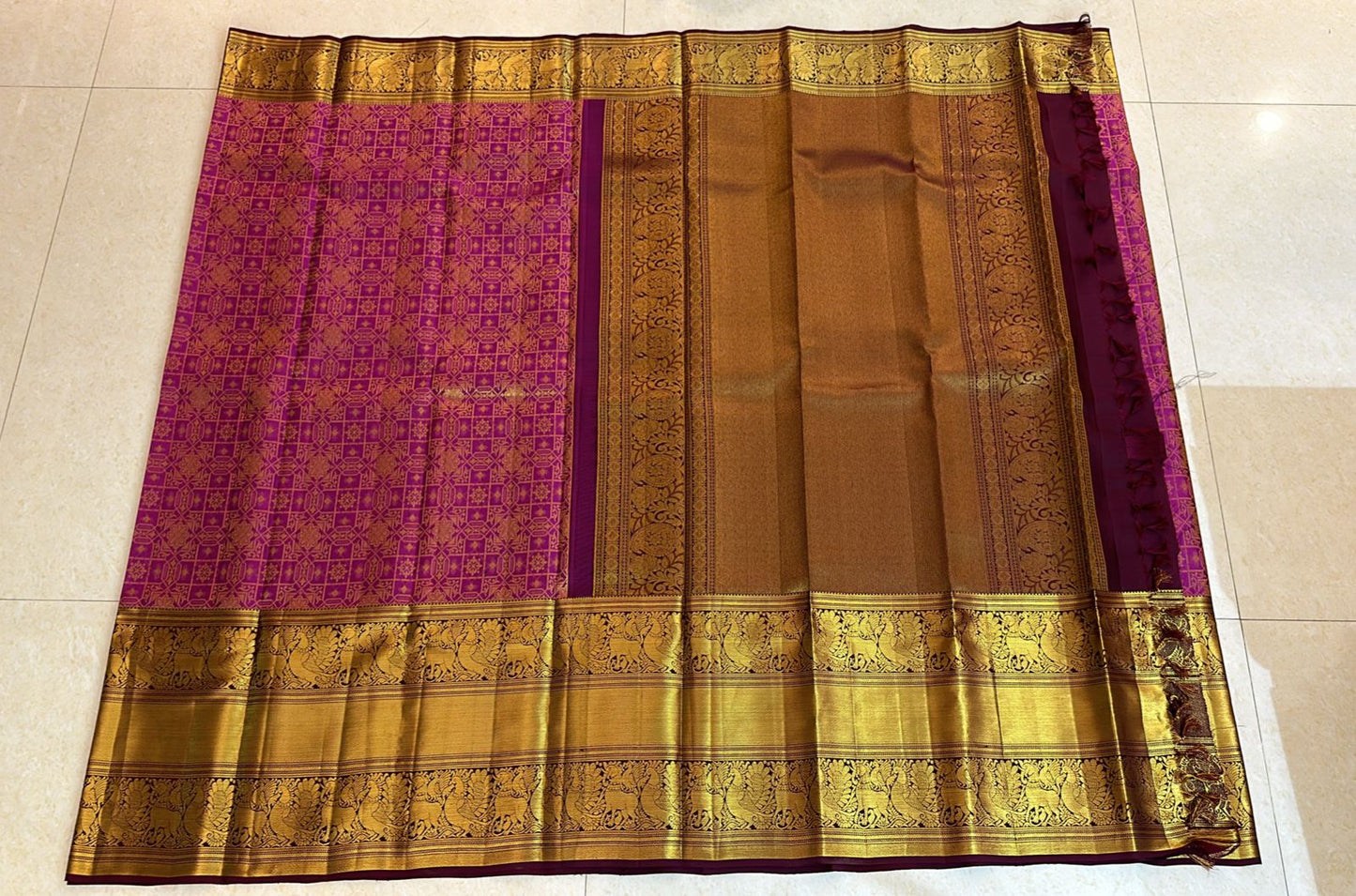 1g Gold Kanchipuram Pure Silk Saree Pink Maroon Kanjivaram Sari| SPK