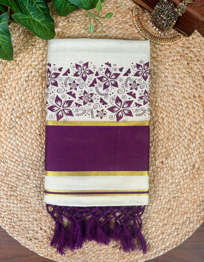Plum Wine Kerala Vishu Sari Indian Premium Cream Saree C7