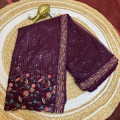 Sequins Net Sari Indian Fancy Party wear Saree Wine V1