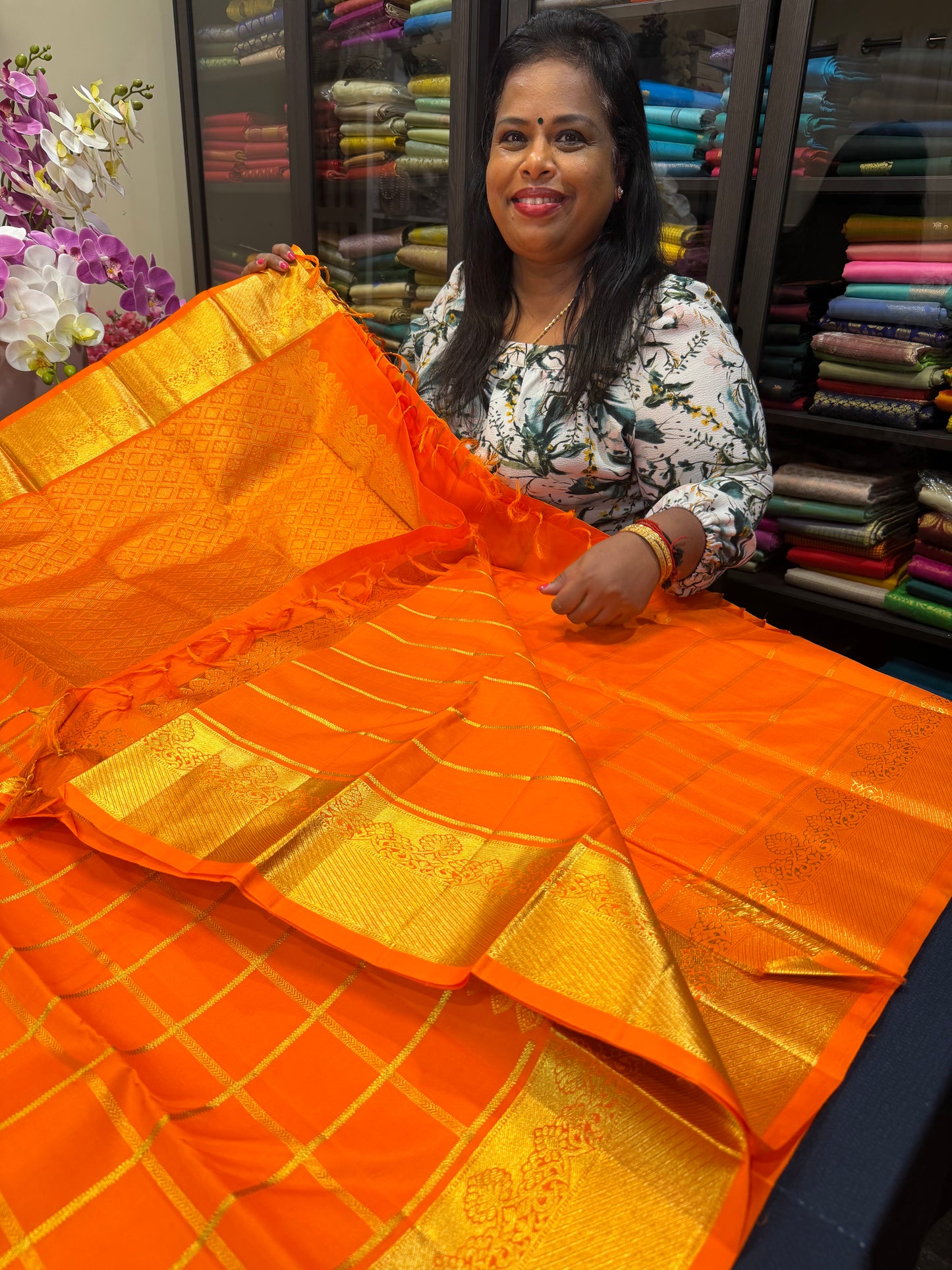 Kanchipuram Pure Silk Saree Orange Kanjivaram Sari SPK206