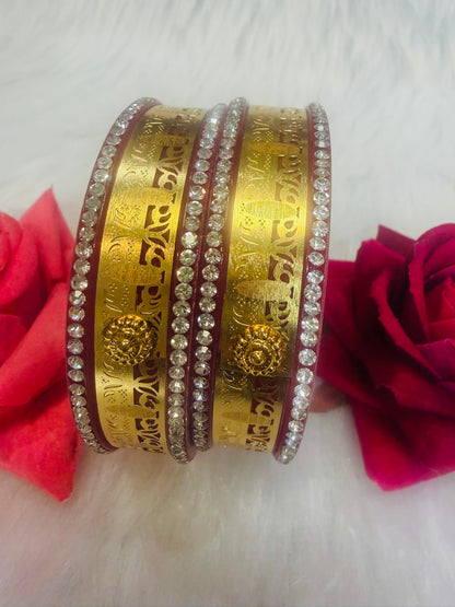 Maroon Colour Plastic Bangles with Gold Work | B005