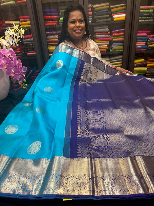 Kanchipuram Pure Silk handloom Saree Indian Kanjivaram Blue Sari SPK359
