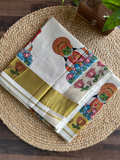 Kerala Vishu Sari Indian Cream Tissue hand Printed Onam Saree C7 - Col 6