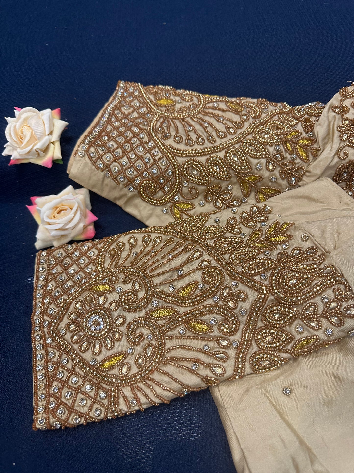 40” Aari hand Worked Sari Blouse Indian Top Choli Silk Gold B7