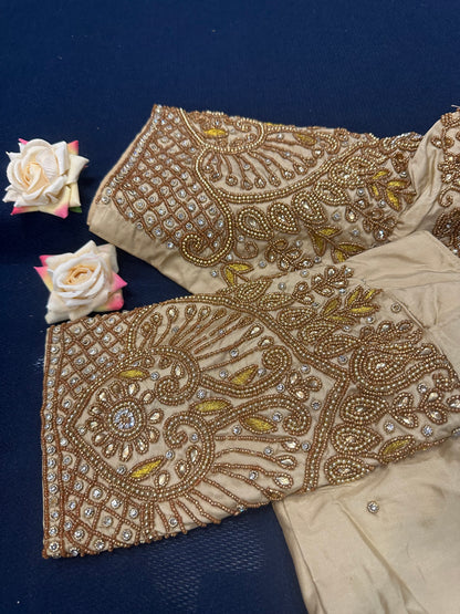 40” Aari hand Worked Sari Blouse Indian Top Choli Silk Gold B7