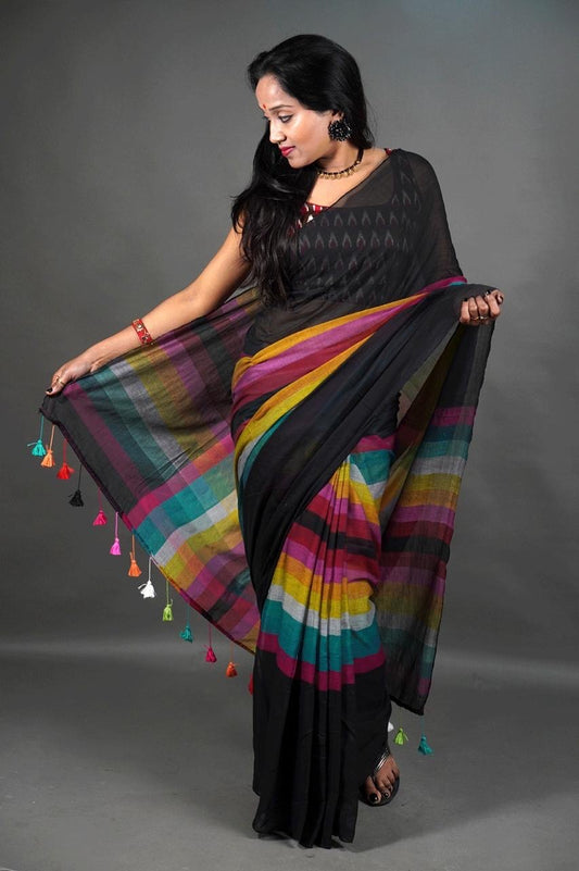 MUL Cotton Black Rainbow Sari Indian casual Saree C25