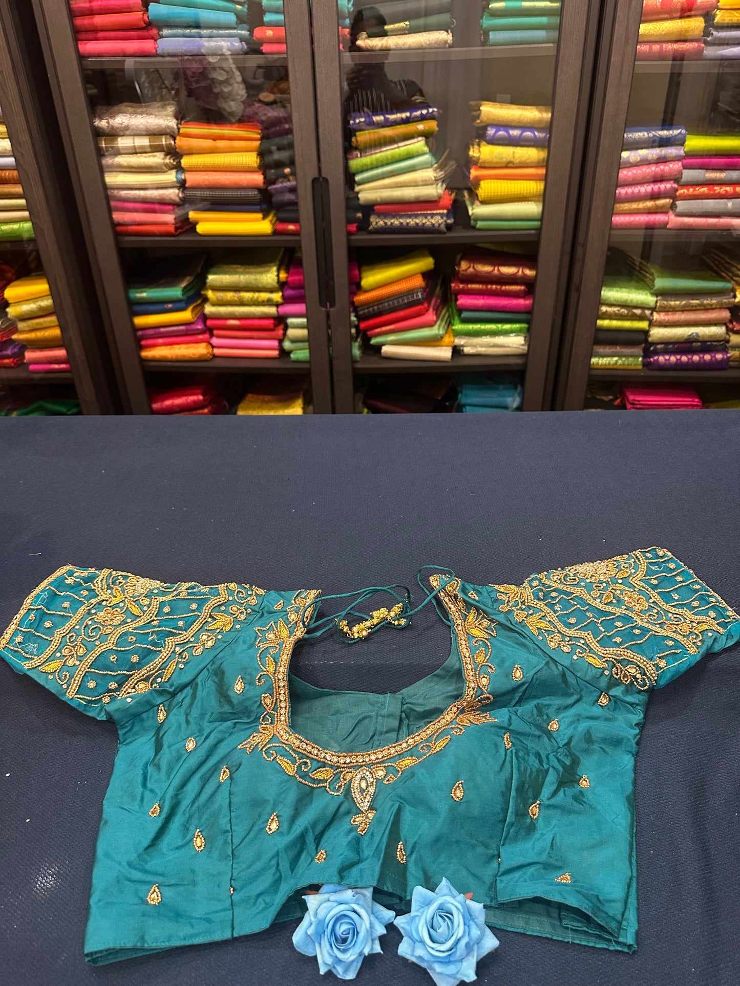 40” Aari hand Worked Sari Blouse Indian Top Choli Silk Teal Green B14