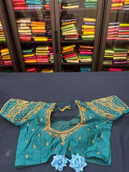 40” Aari hand Worked Sari Blouse Indian Top Choli Silk Teal Green B14