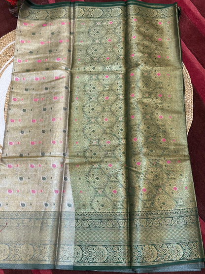 Tissue Silk brocade Sari Indian Fancy Saree Blue & Golden S18