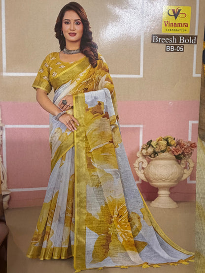 White & Green Digital Printed Linen Sari Indian casual Saree C5