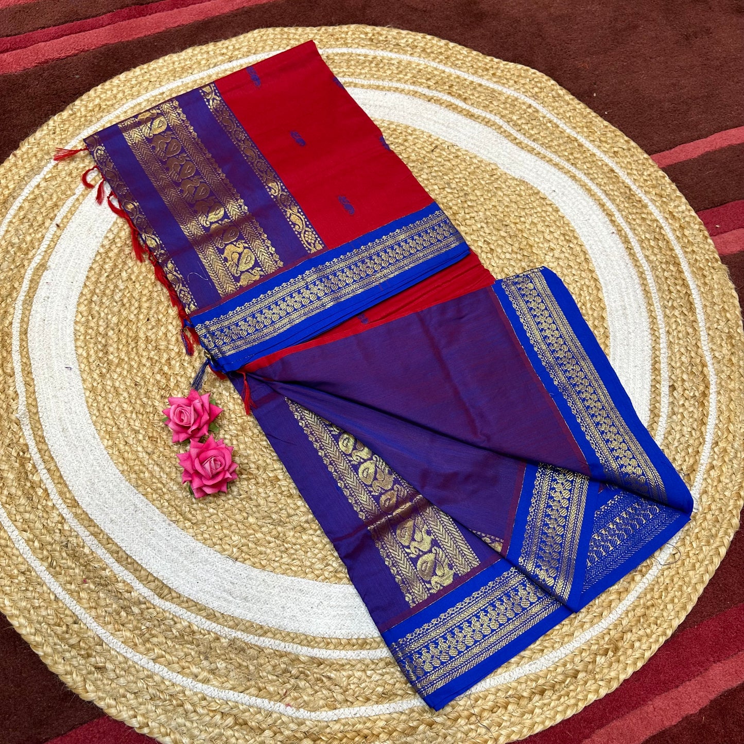 Red & Blue Kalyani Silk Cotton Traditional Sari South Indian Saree S140