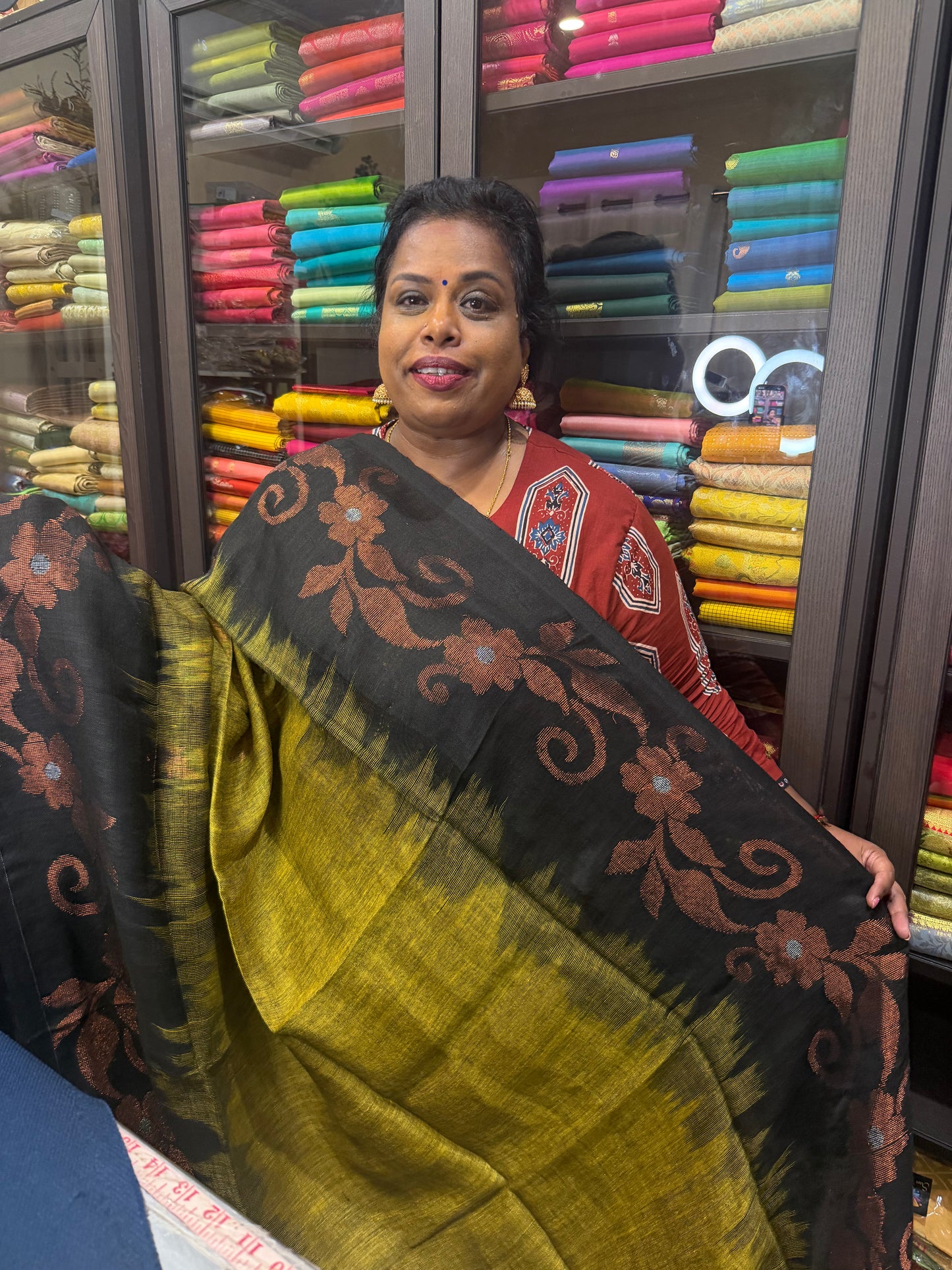 Silk Cotton Linen Sari Indian Saree Copper Jari Green Black S125