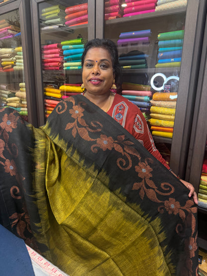 Silk Cotton Linen Sari Indian Saree Copper Jari Green Black S125