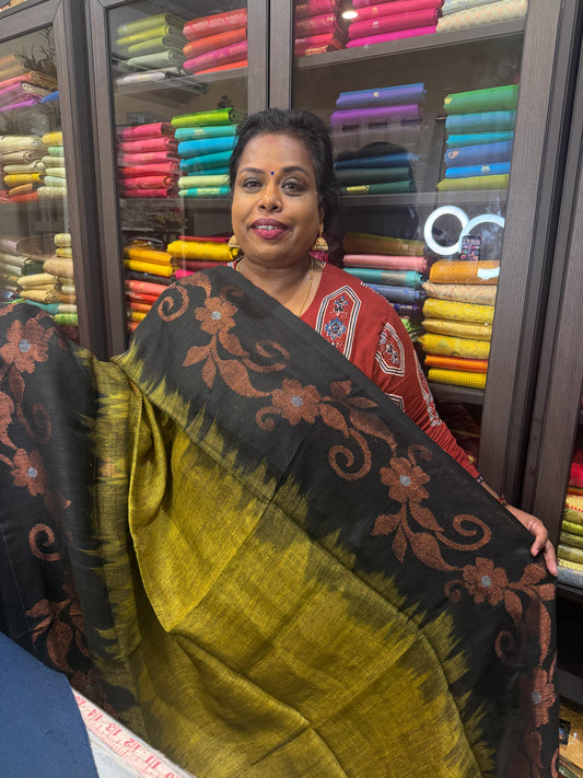 Silk Cotton Linen Sari Indian Saree Copper Jari Green Black S125
