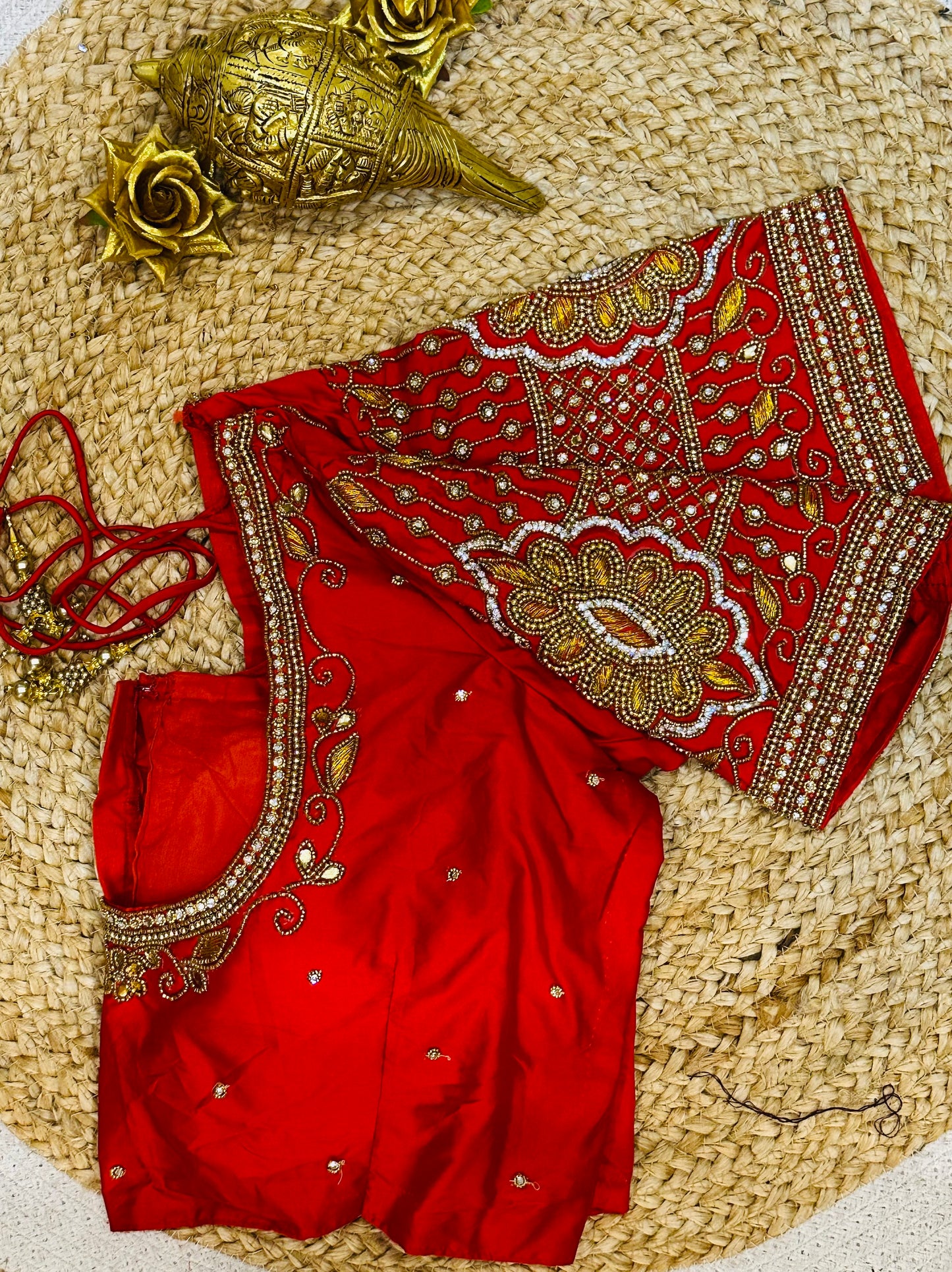 40” Size 10 Aari Worked Sari Blouse Indian Saree Top Silk Red B81