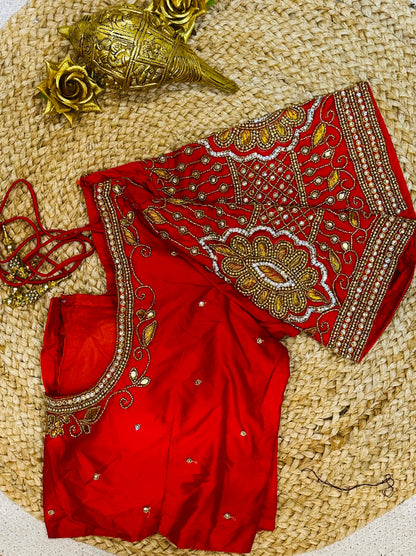 40” Size 10 Aari Worked Sari Blouse Indian Saree Top Silk Red B81