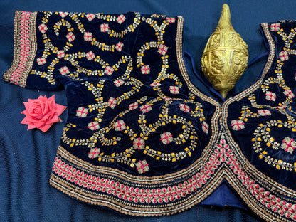 42” Navy Blue Velvet Sari Blouse Indian Top Choli B2