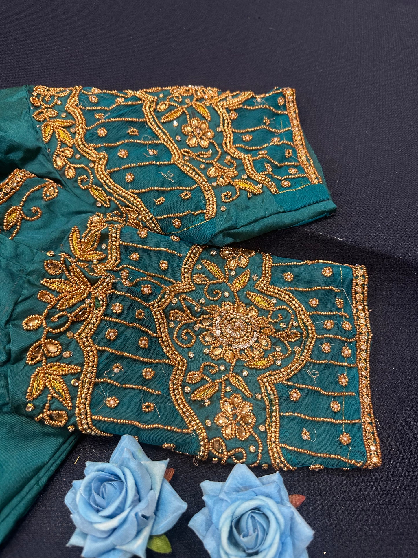 40” Aari hand Worked Sari Blouse Indian Top Choli Silk Teal Green B14