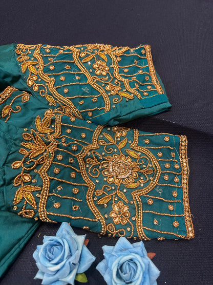 40” Aari hand Worked Sari Blouse Indian Top Choli Silk Teal Green B14