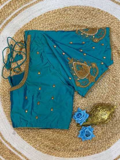 46” Size 16 Aari Worked Sari Blouse Indian Saree Top Silk Blue B228