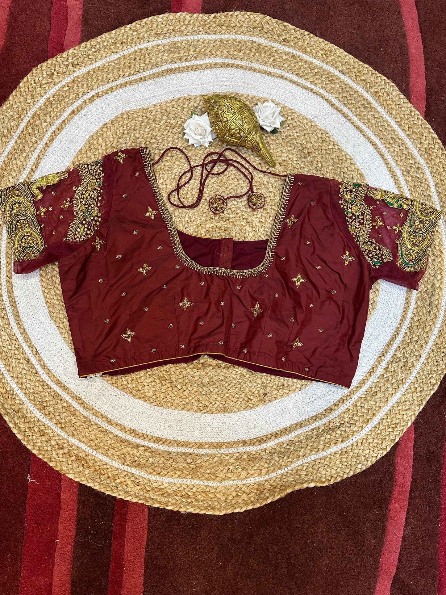 50” Size 20 Aari Worked Sari Blouse Indian Saree Top Silk Maroon B66