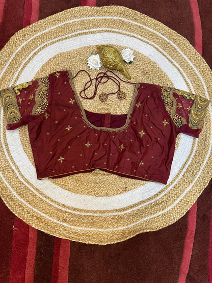 50” Size 20 Aari Worked Sari Blouse Indian Saree Top Silk Maroon B66