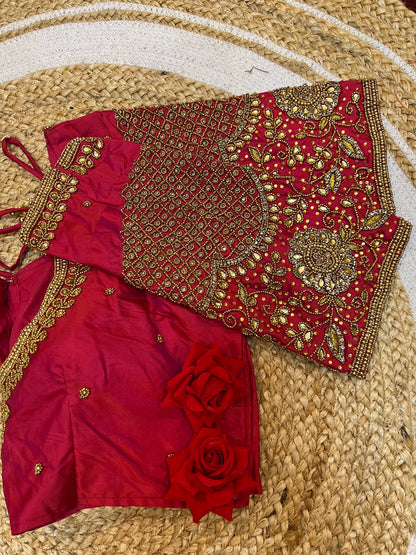 40” Bridal Aari hand Worked Sari Blouse Indian Top Choli Silk Red B39