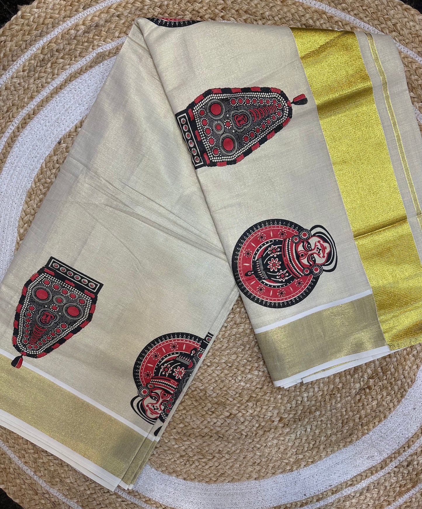 Red Kerala Vishu Sari Indian Cream Tissue hand Printed Onam Saree C17 Col 3