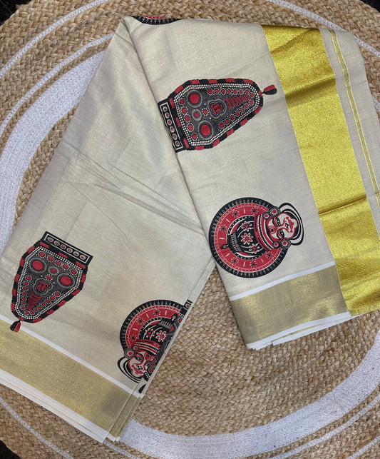 Red Kerala Vishu Sari Indian Cream Tissue hand Printed Onam Saree C17 Col 3