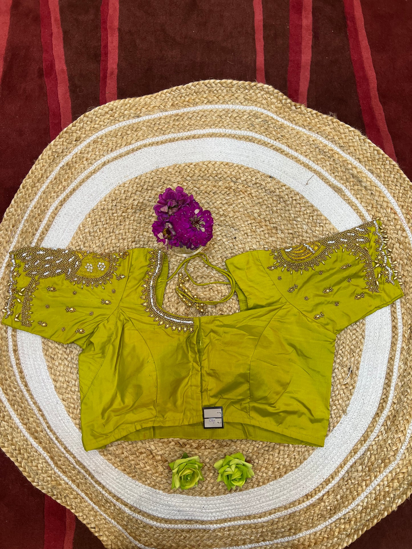 40” Aari hand Worked Sari Blouse Indian Top Choli Silk Lime Green B13