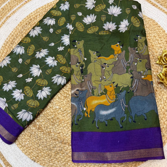 Green Indian Casual wear Saree Kalamkari Printed Sari S143