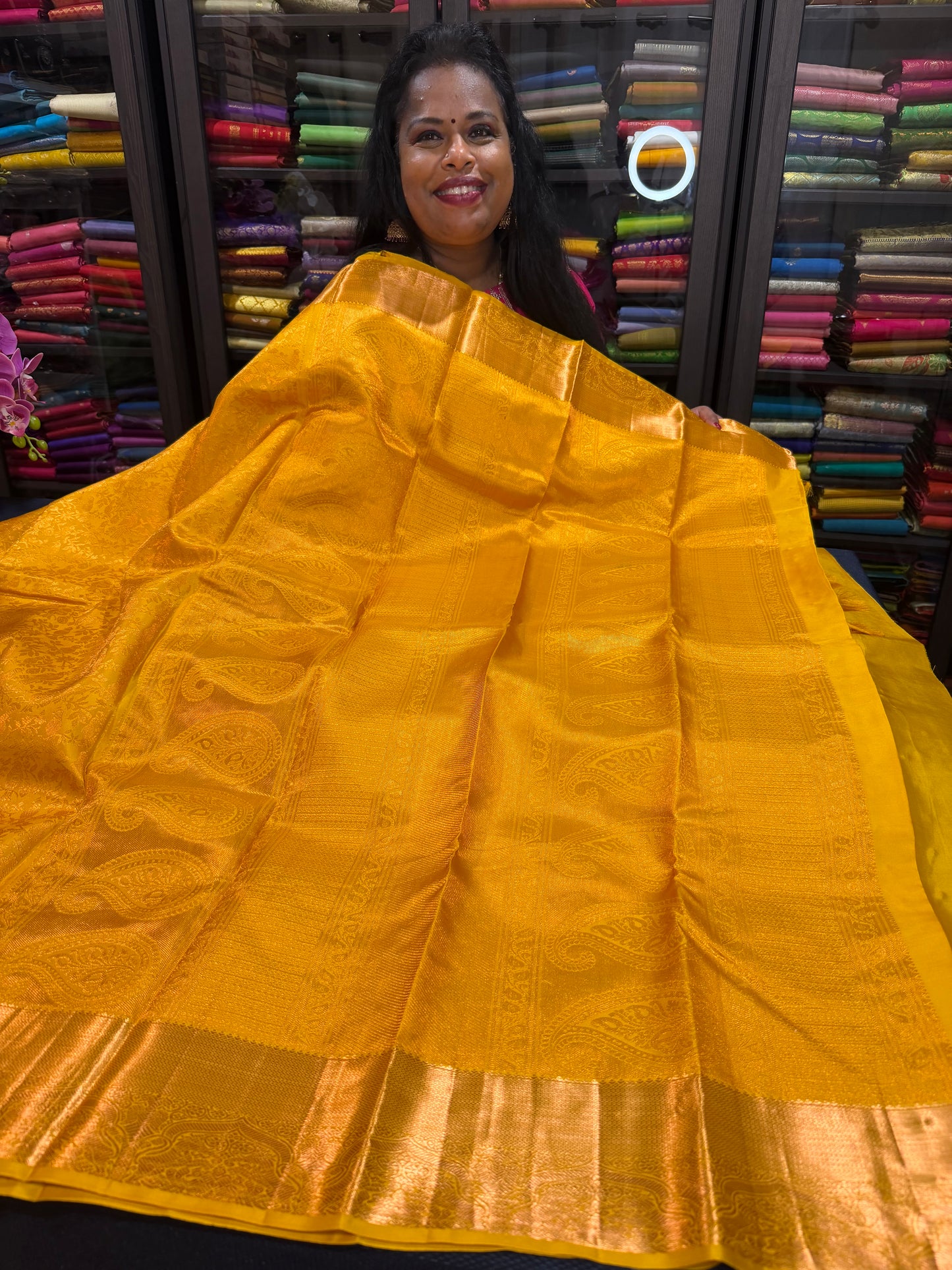Kanchipuram Pure Silk handloom Bridal Saree Indian Kanjivaram Yellow Sari SPK367