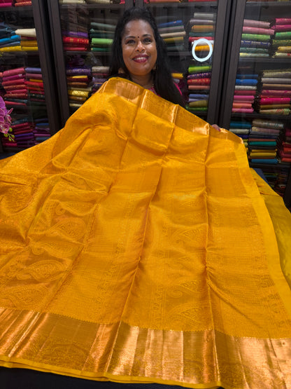 Kanchipuram Pure Silk handloom Bridal Saree Indian Kanjivaram Yellow Sari SPK367
