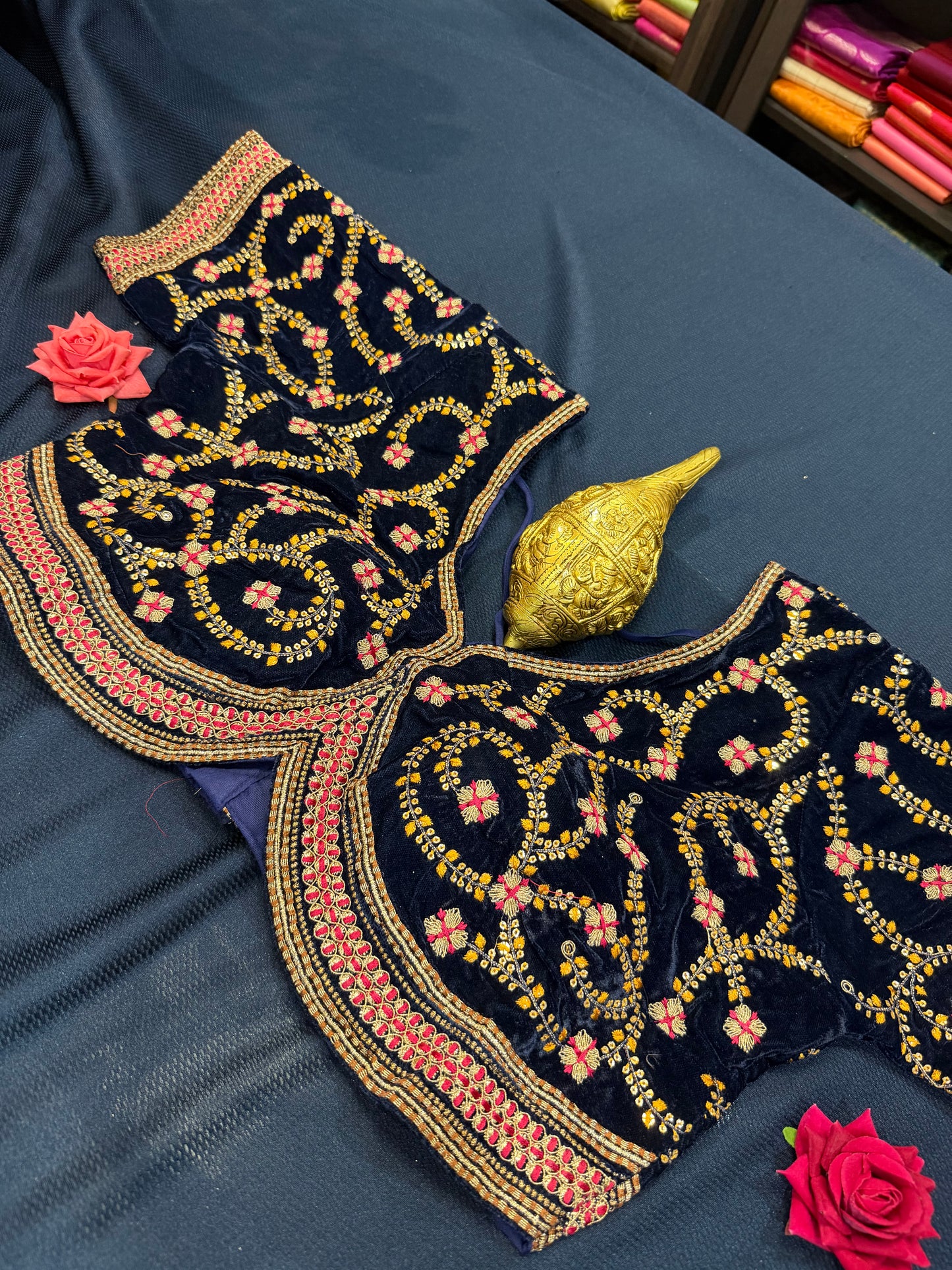 42” Navy Blue Velvet Sari Blouse Indian Top Choli B2