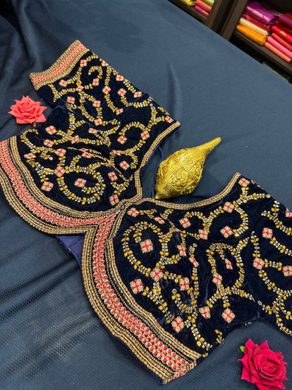 42” Navy Blue Velvet Sari Blouse Indian Top Choli B2