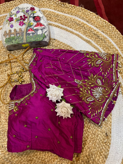 40” Aari hand Worked Sari Blouse Indian Top Choli Silk Pink B26