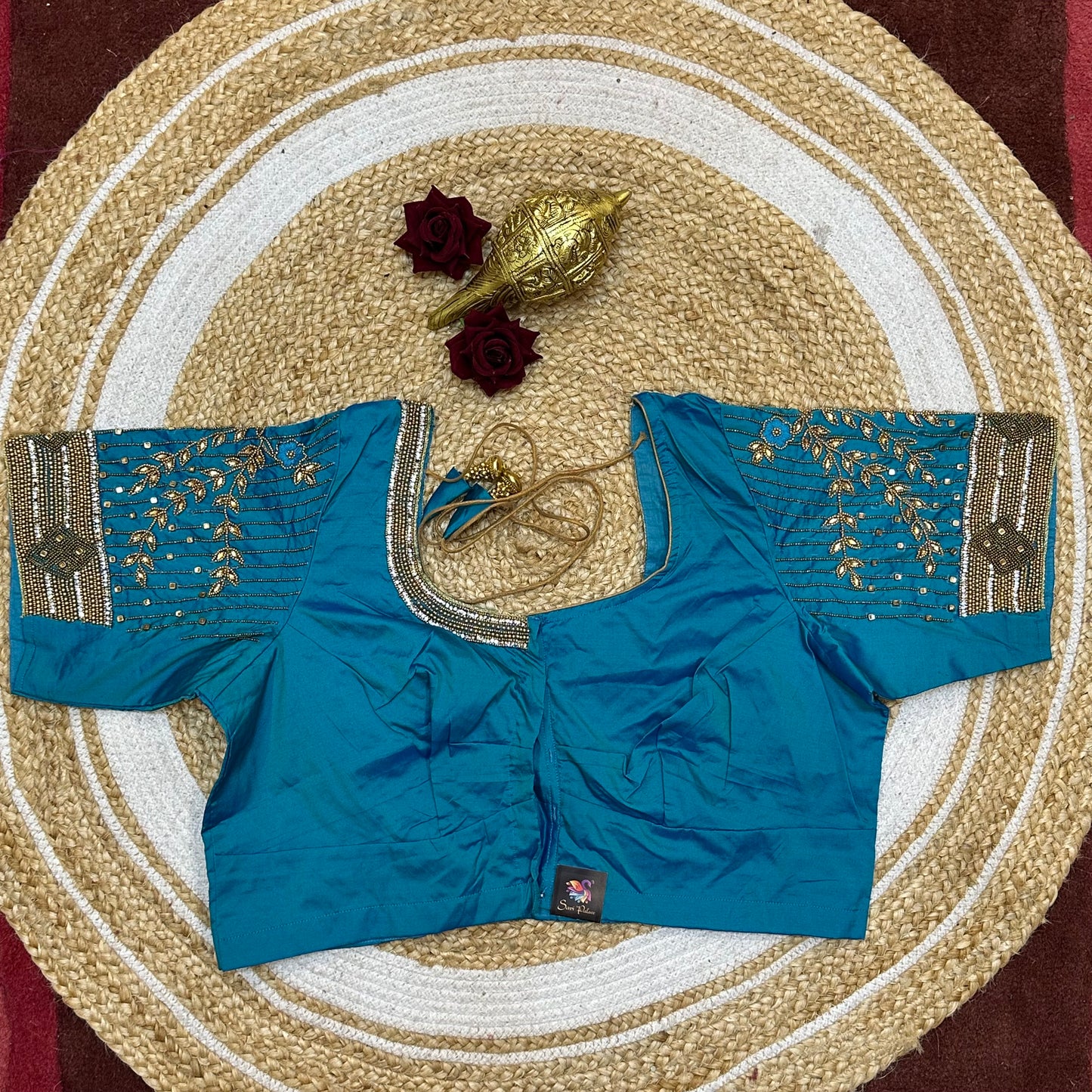 44” Size 14 Aari Worked Sari Blouse Indian Saree Top Blue B266