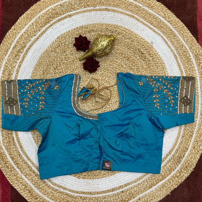 44” Size 14 Aari Worked Sari Blouse Indian Saree Top Blue B266
