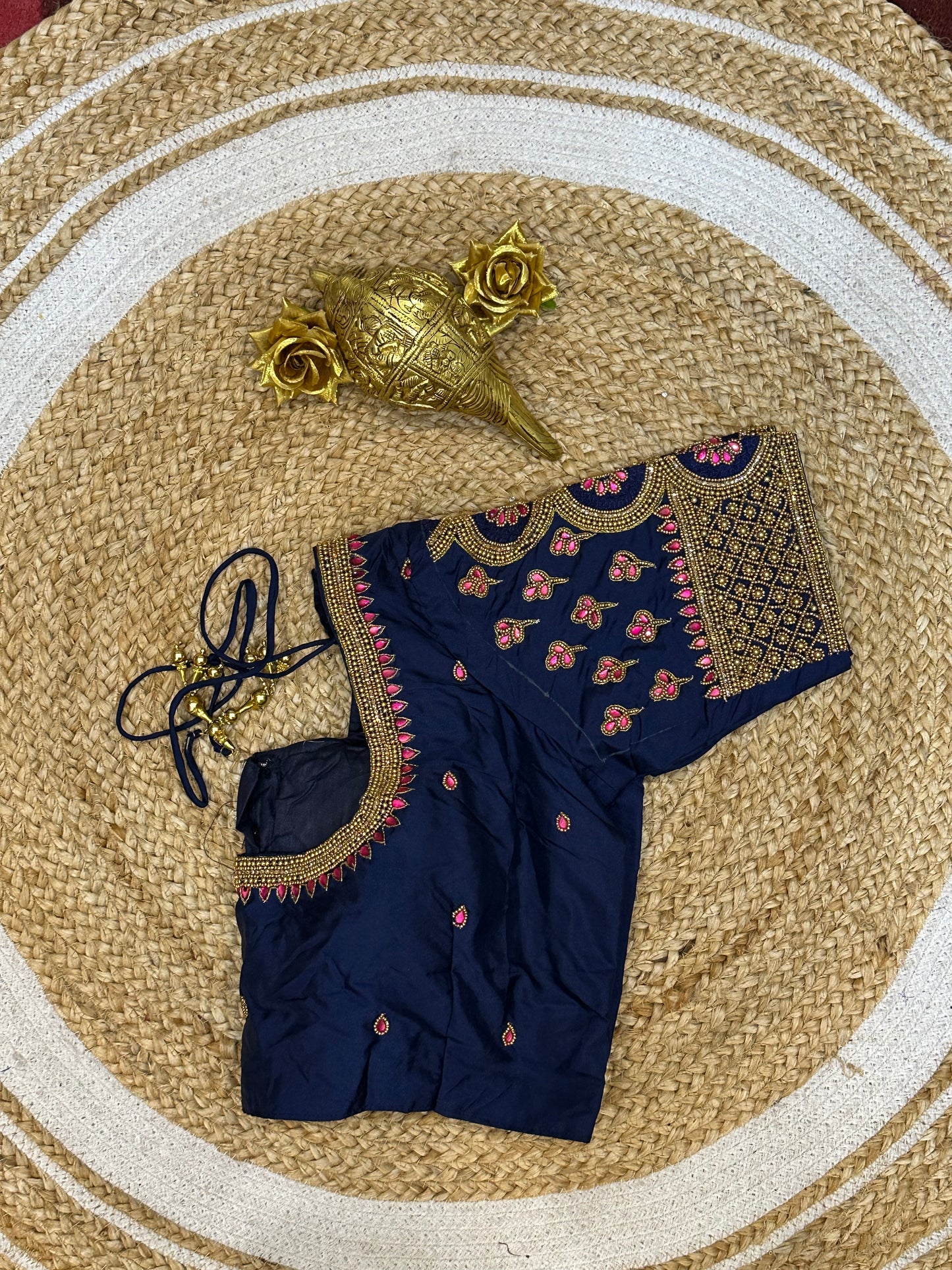 40” Size 10 Aari Worked Sari Blouse Indian Saree Top Silk Blue B75