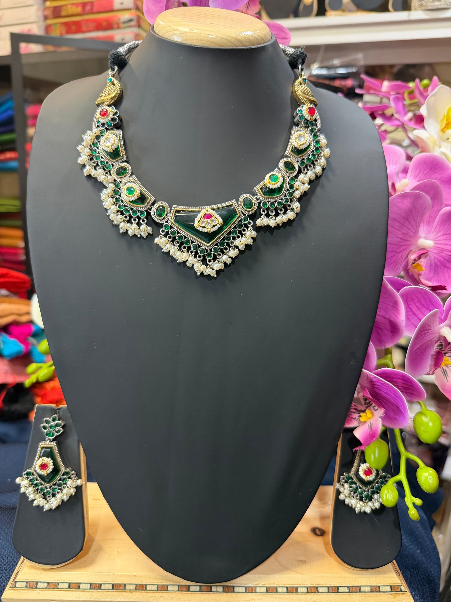 Handmade Brass Necklace with Silver polish Indian Tribal Green Jewellery N94
