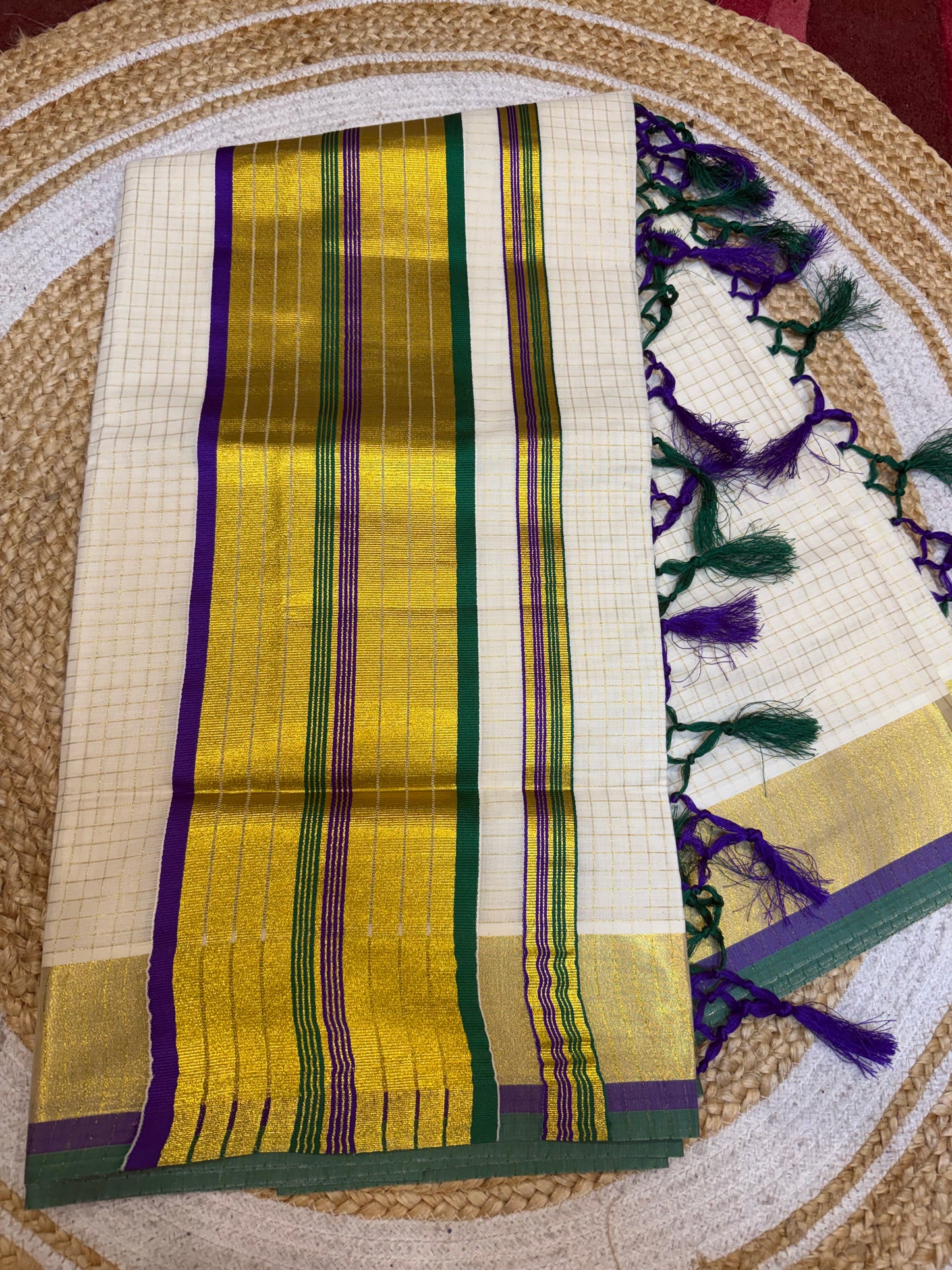 Kerala Vishu Sari Indian hand Printed Kasavu Onam Saree C36 Col 6