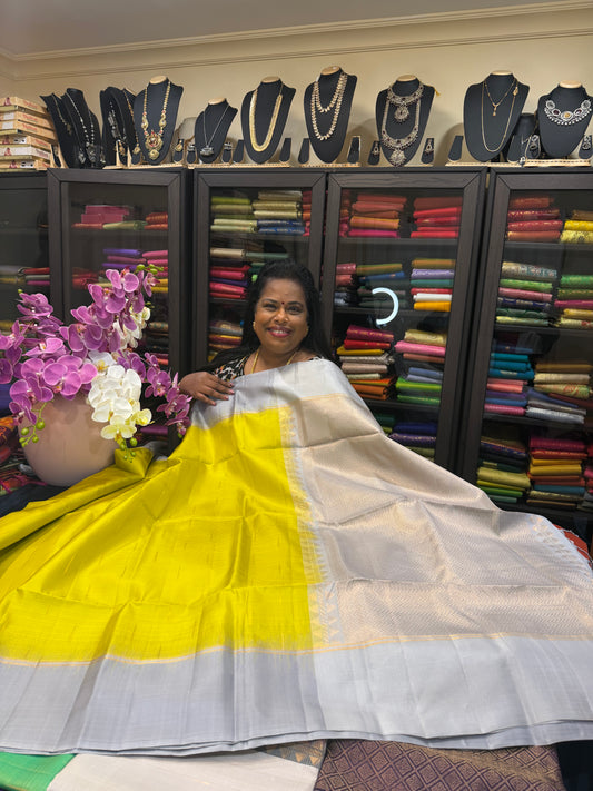 Kanchipuram Pattu Soft Silk Saree Pure Silk Sari Yellow Grey  | SS5